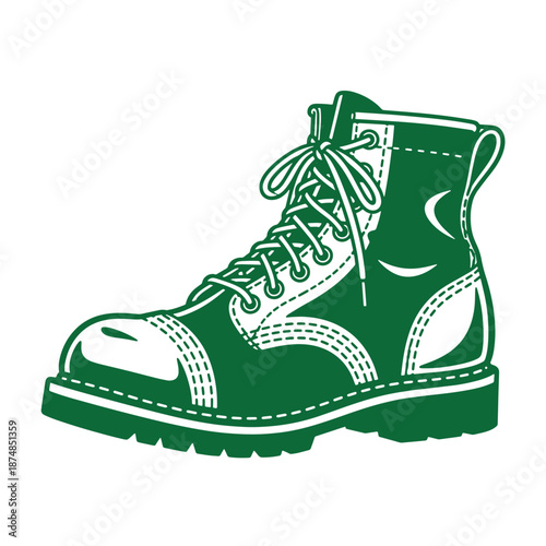 Green boot with laces and stitching details on a white background