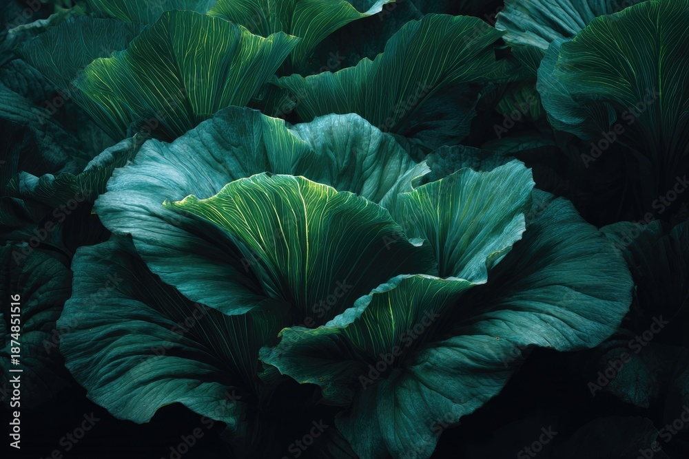 Obraz premium Close-up of lush, layered leaves displaying rich greens and subtle textural details