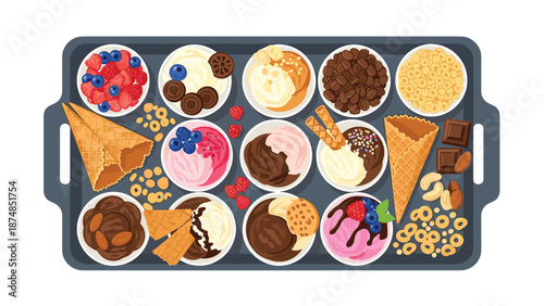Overhead view of a large tray filled with twelve bowls of gourmet ice cream and a wide variety of sweet toppings.