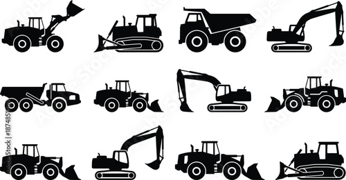 Construction machinery silhouettes set featuring excavators bulldozers loaders and dump trucks isolated black heavy equipment icons for building industry engineering and industrial design projects