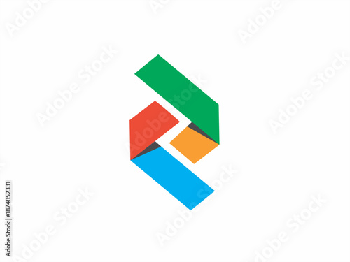 Modern interconnected geometric shapes logo, colorful folding ribbon symbol for technology and innovation startup. 