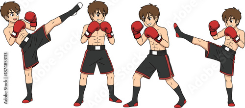 Anime martial arts boy kickboxing character poses with boxing gloves, dynamic fighting actions style vector illustration set for sports designs