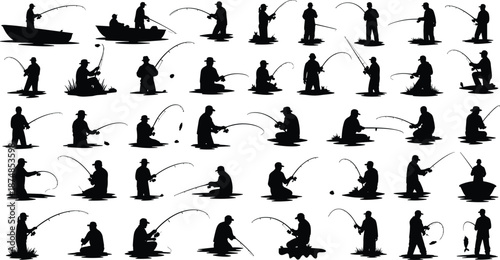 Fishing activity silhouette collection illustration, anglers casting rods in various poses, outdoor sport hobby scenes, lake and river fishing, black vector set