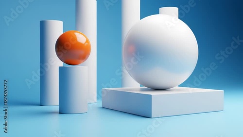 Minimalist abstract scene with a vibrant orange sphere and a large white sphere on pedestals, surrounded by white cylinders against a soft blue gradient backdrop.