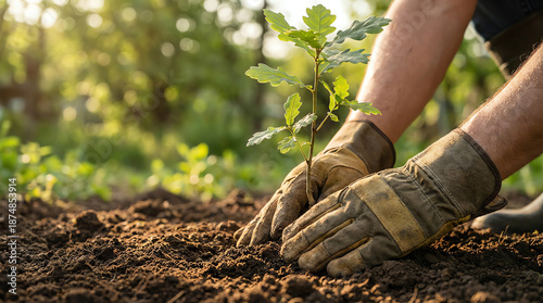 Person wearing gloves planting a young oak tree seedling in soil with sunlight and green blurred background