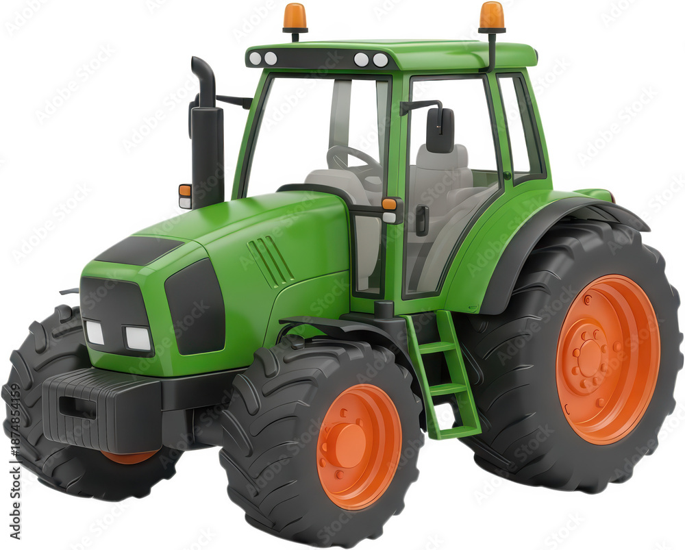 Obraz premium A modern green tractor with orange rims and flashing amber warning lights is depicted showcasing its robust tires and enclosed cabin farm vehicle agriculture vehicle machinery transparent background