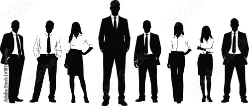 Business leadership silhouettes with confident executive standing at center, diverse professional team concept, corporate hierarchy, teamwork, management, authority, and modern workplace illustration