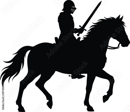 Medieval knight silhouette riding horse with sword, warrior illustration, historical cavalry icon isolated on white background for design commercial use