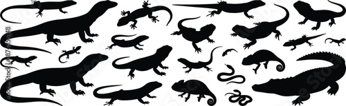 Reptile and amphibian silhouette collection showing lizards geckos salamanders snakes isolated on white background black vector illustration set wildlife design