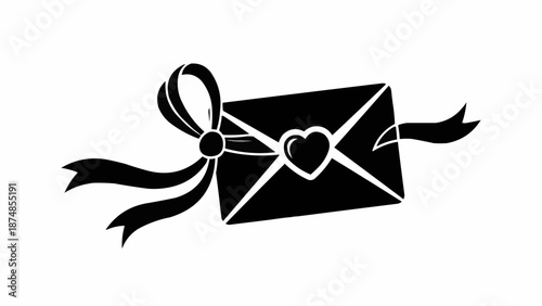 Black silhouette of an envelope with a heart and ribbon.