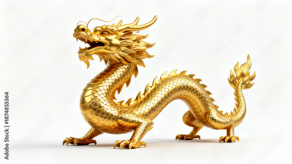 Fototapeta premium Majestic golden Chinese dragon statue isolated on white background. 