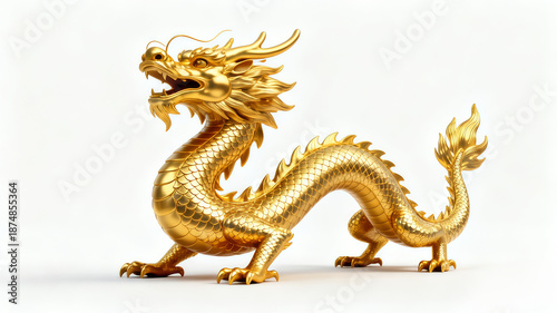 Majestic golden Chinese dragon statue isolated on white background. 