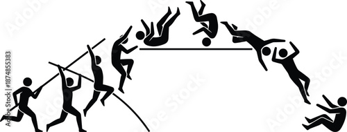 Pole vault silhouette sequence showing athlete jump technique stages, track and field sport motion, black vector illustration isolated white background