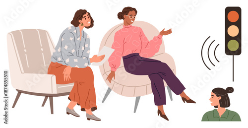 Communication, decision-making, teamwork, counseling, behavioral analysis, workplace discussions. Two women talking seated on chairs with a traffic light concept. Communication and decision-making