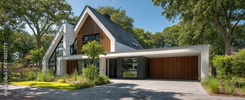 A modern house with a wooden facade, carport, and a lush garden in front
