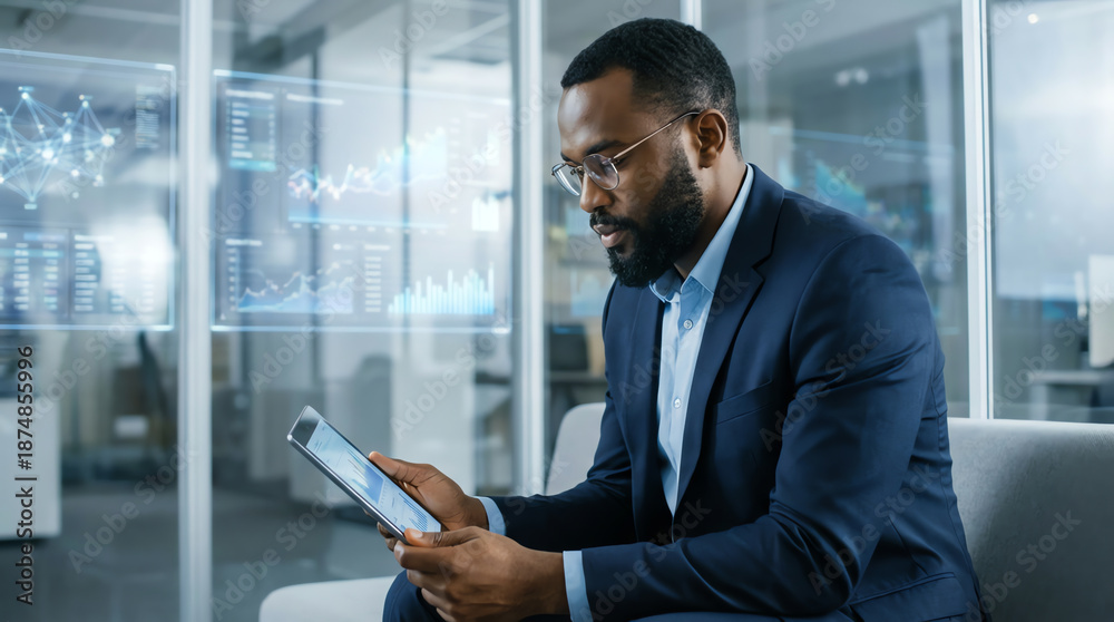 Fototapeta premium A businessman in a suit and glasses uses a tablet in a modern office, analyzing digital graphs and data visualizations displayed on transparent screens