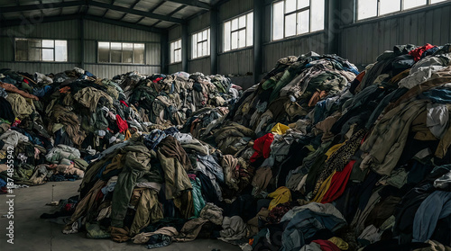 Large piles of assorted used clothes fill a spacious industrial warehouse with high windows and metal walls