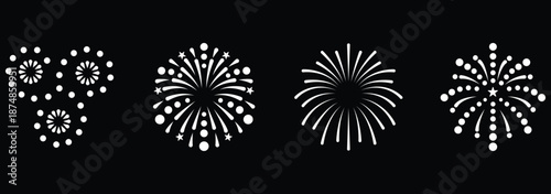 Minimal fireworks icon collection showcasing festive bursts for celebrations and special events. Sparkling fireworks burst festive celebration party banner vector,  modern exploding firework icons.