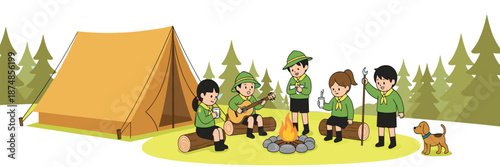 Cute children camping in forest vector illustration with tent campfire guitar and outdoor activities isolated on white background
