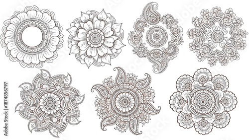 Henna tattoos ink sketch vector set. Floral leaves stems ornamental pattern skin maroon red temporary tattoo illustrations. Mehndi vector png