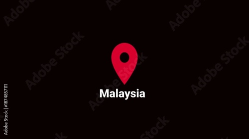 Abstract Malaysia map location pin animation. Country location pin pointer icon animated on black background, GPS location tracking animation. 4K video	
