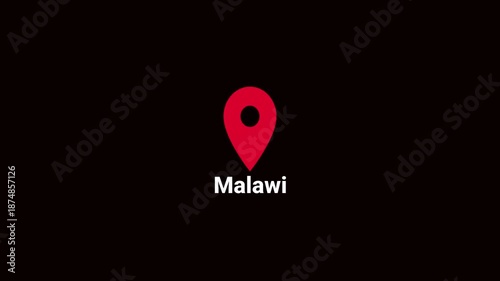 Abstract Malawi map location pin animation. Country location pin pointer icon animated on black background, GPS location tracking animation. 4K video	
