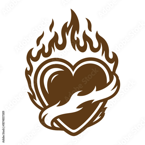 Brown heart on fire with flames burning passionately  symbol of love and desire