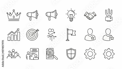 Business Icons Set Featuring Crown Megaphone Lightbulb Target Shield and Gears.