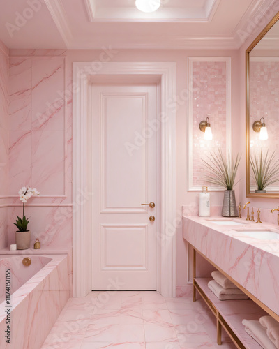 Elegant Pink Bathroom Interior with Marble Vanity, Mirror and Soft Pastel Walls