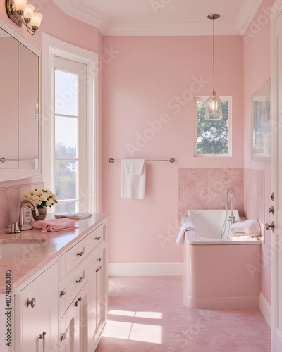 Elegant Pink Bathroom Interior with Marble Vanity, Mirror and Soft Pastel Walls