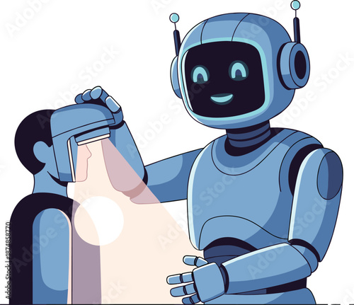 Friendly Medical Robot Using Head-Mounted Scanner for Patient Diagnosis, Modern Healthcare Artificial Intelligence and Robotic Clinic Assistant Vector Illustration