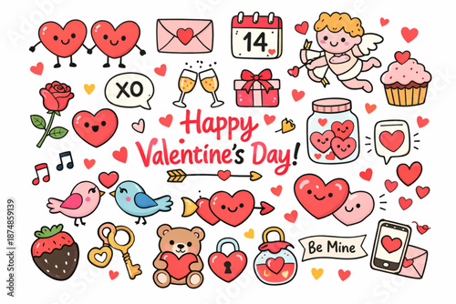 Happy Valentine’s Day Playful Doodle Flat Icon Set with Smiling Hearts