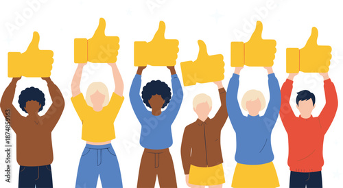 Diverse people holding thumbs up icons vector illustration set showing approval feedback and positive rating isolated on white background