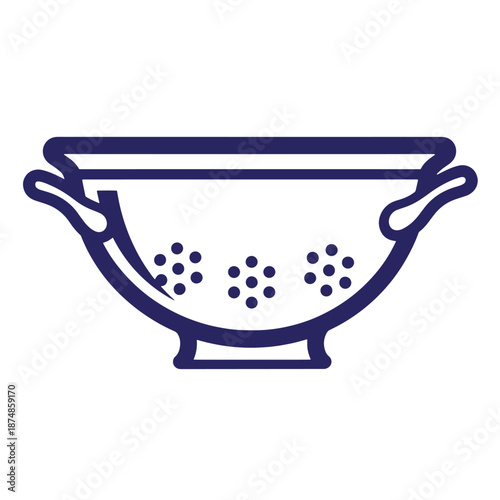 Simple illustration of a colander with handles on both sides and holes at the bottom for draining liquids