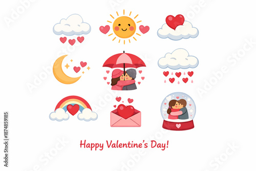 Happy Valentine’s Day Romantic Weather Flat Icon Set with Hearts and Clouds