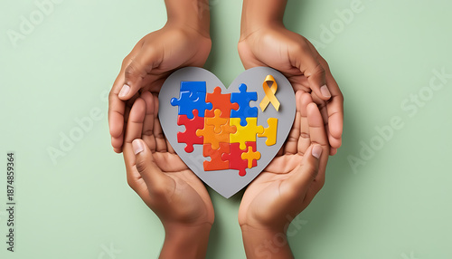 Hands Holding Heart Shaped Puzzle Pieces with Autism Awareness Ribbon Symbolizing Support and Understanding