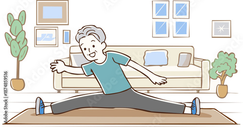 senior man older adults morning stretch splits pose fit sport daily exercise routine elderly fitness mobility training healthy habits physical rehabilitation lifestyle