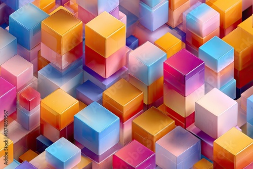 Rendered composition showcasing a collection of colorful, glossy, stacked 3D cubes
