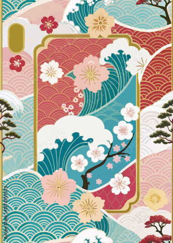 Japanese texture Pattern background Cherry Blossom Pagoda Wave Fuji zen Illustration Element