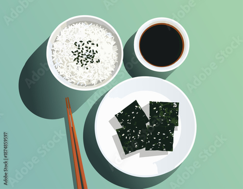 Korean meal setup with seaweed rice bowl soy sauce chopsticks traditional Asian dining dinner