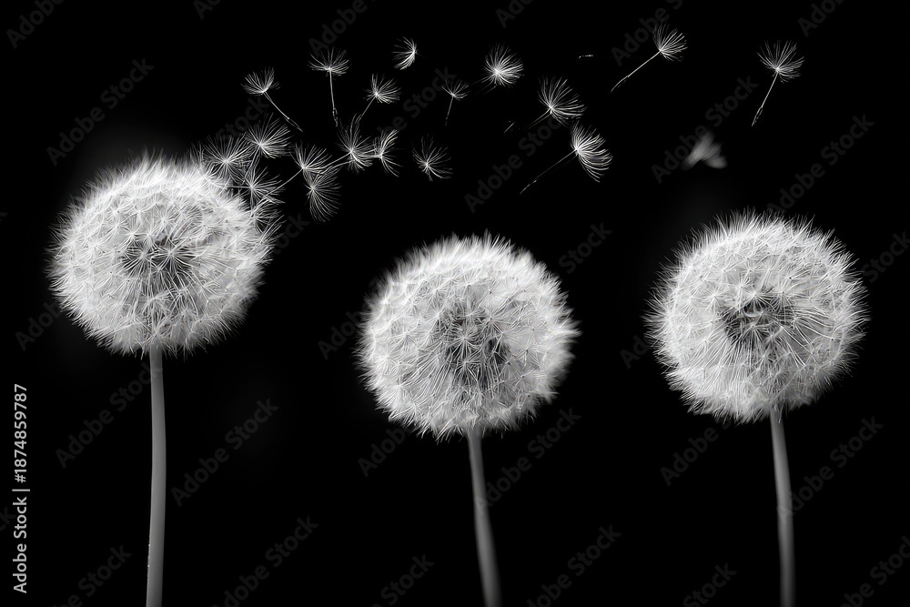 Obraz premium Three dandelion seed heads, with seeds blowing away, against a stark black background