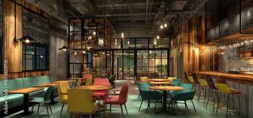 Interior view of a restaurant with wooden paneling, various seating, windows, and decorative lighting