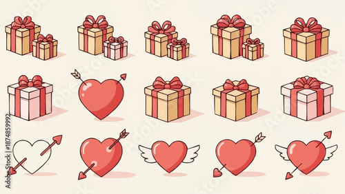 Collection of Valentines Day gift boxes and hearts with arrows.