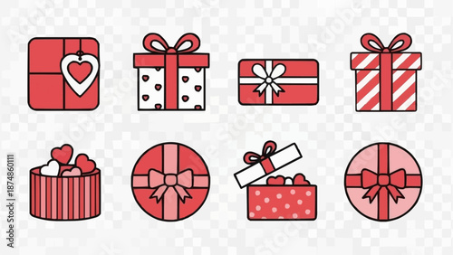 Collection of Valentines Day gift boxes with ribbons and hearts.