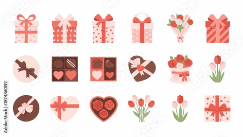 Collection of Valentines Day Gifts and Flowers Icons.