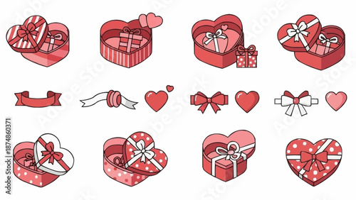 Collection of Valentines Day heart shaped gift boxes and ribbons.