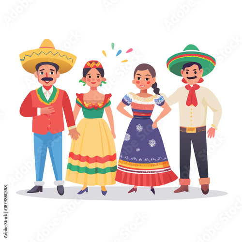 Colorful illustration of four individuals in traditional Mexican attire, showcasing diverse regional clothing styles and accessories.
