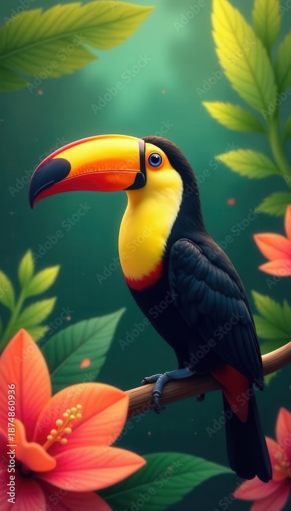 Obraz premium Hello Summer! Toucan in paradise, exotic floral scene , toucan, leaves