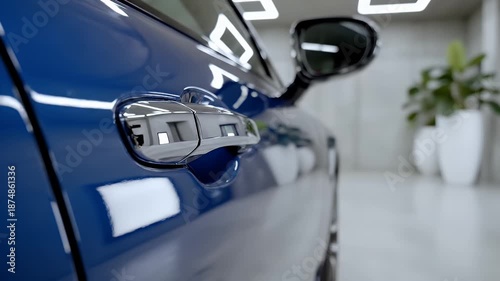 Wallpaper Mural Close-Up of a Blue Car Door with Chrome Handle in a Modern Showroom or Garage Torontodigital.ca