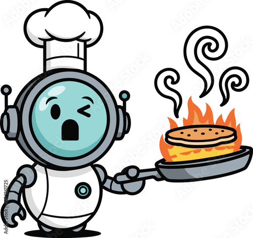 Cute Robot Chef Character Panicking with Burning Food in Frying Pan Vector Illustration